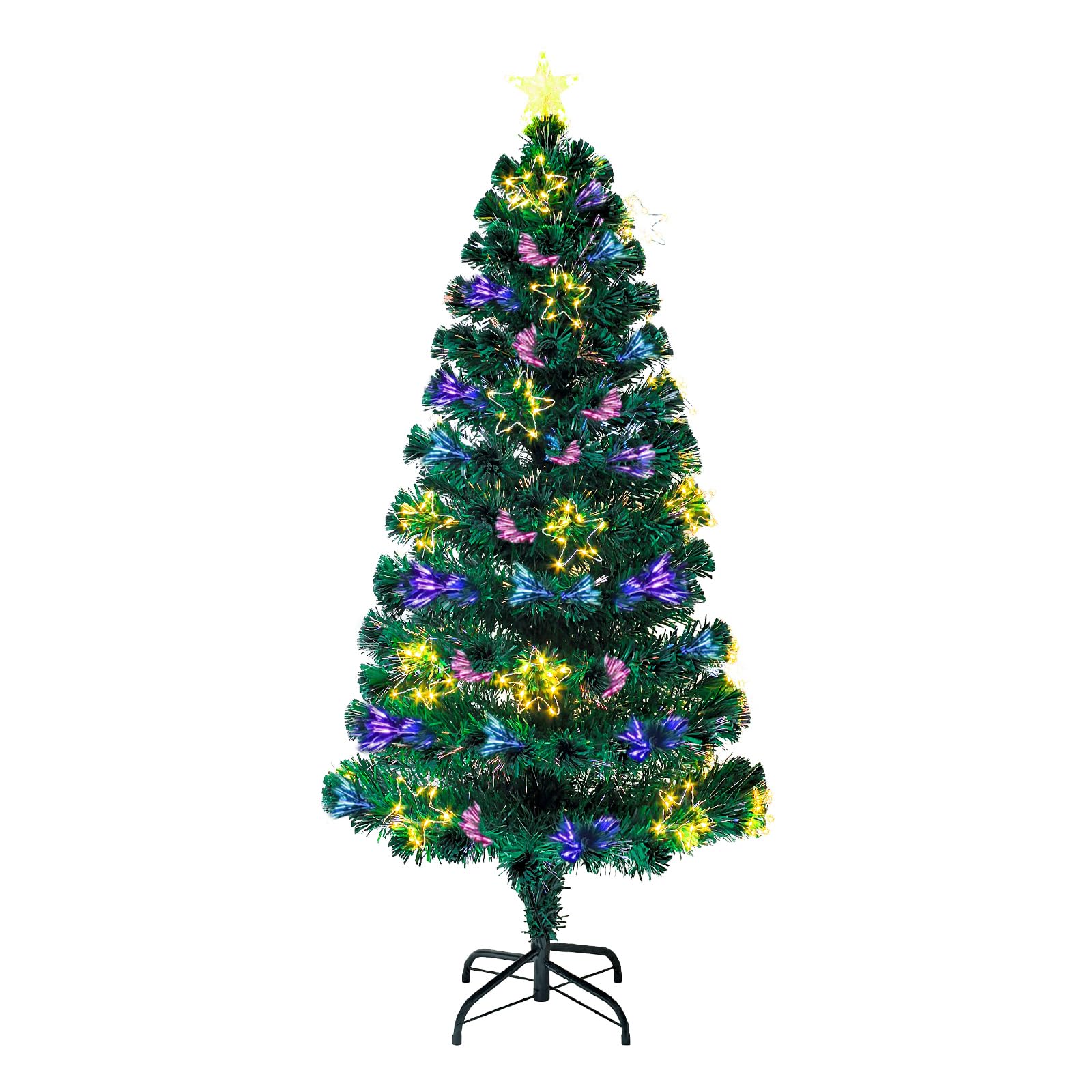 6Ft Fiber Optic Artificial Christmas Tree with Lighted Copper Wire Stars and Tree Topper, Pre-lit Christmas Tree for Holiday Home Office Decor with Foldable Base