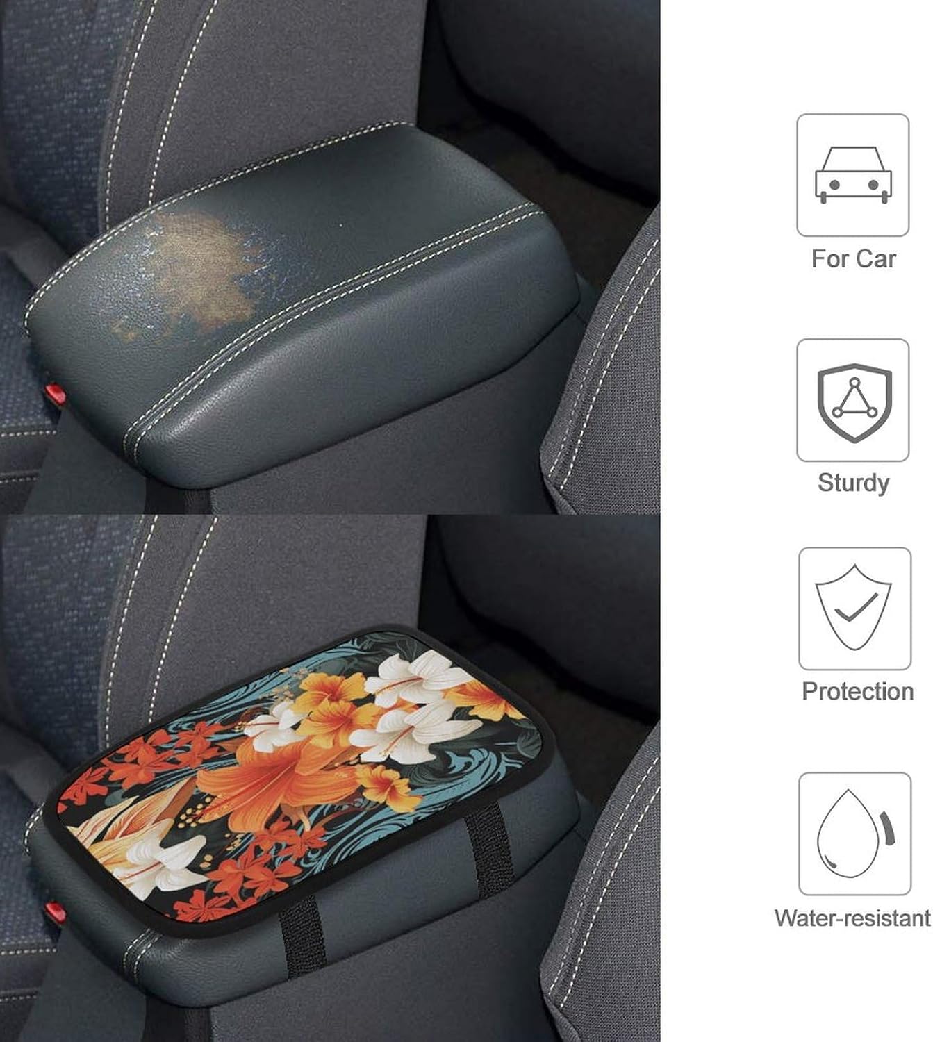 Flowers And Hawaiian Tribal Patterns on Black Background Car Center Console Cover Universal Waterproof Arm Rest Cover Car Armrest Cushion Car Armrest Cover Protector Car Interior Accessories for Most