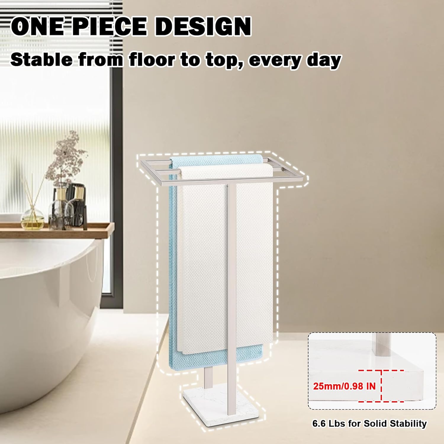 livabber standing towel rack, 304 stainless steel 2 tier towel holder stand with heavy marble base, stylish floor towels bar for bathroom accessories, laundry room, pool (brushed nickel)