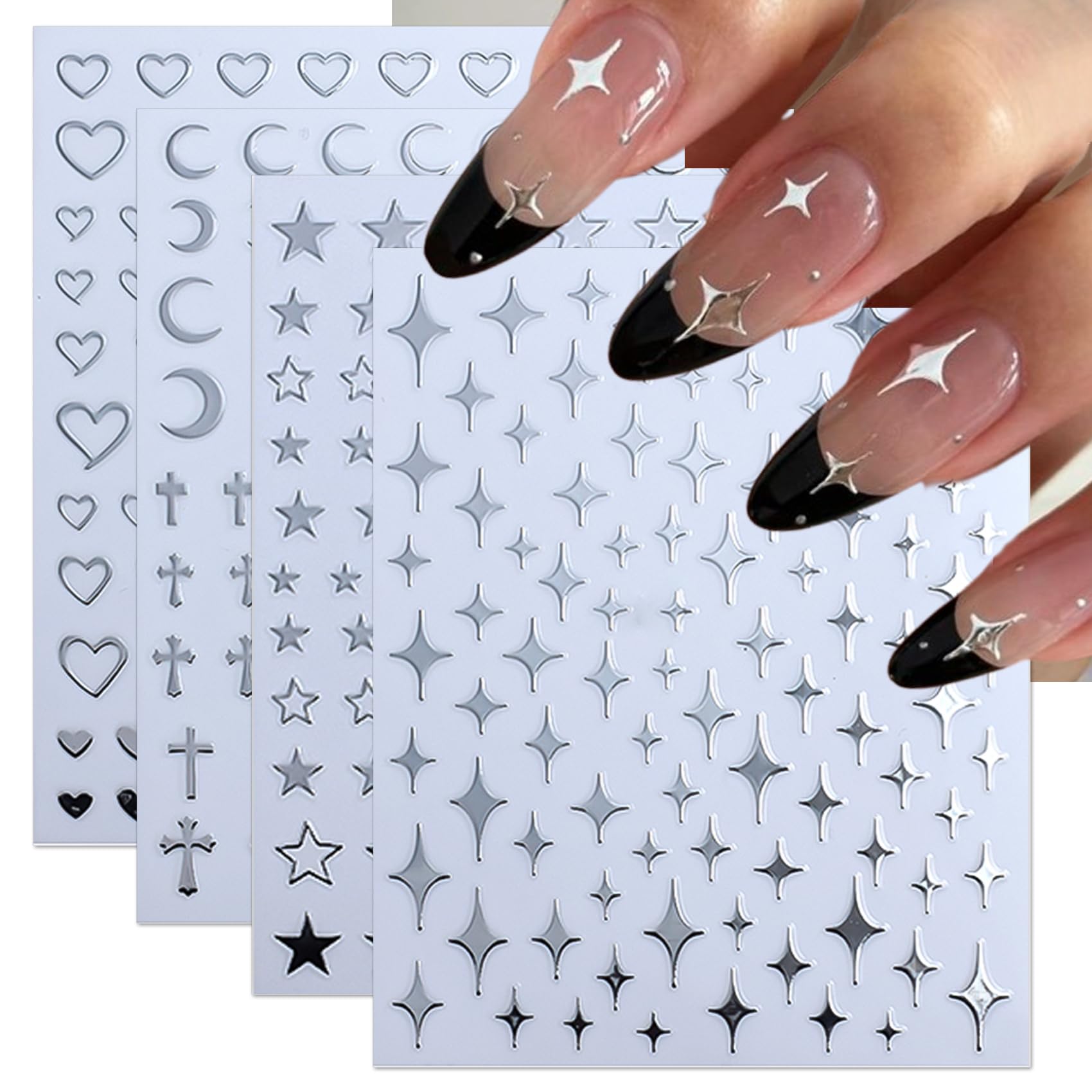 IDDFEVE 6 Sheets Moon Star Nail Stickers, Self-Adhesive Silvery Sparkles Glitter Design Pegatinas Uñas Heart Nail Art Decals