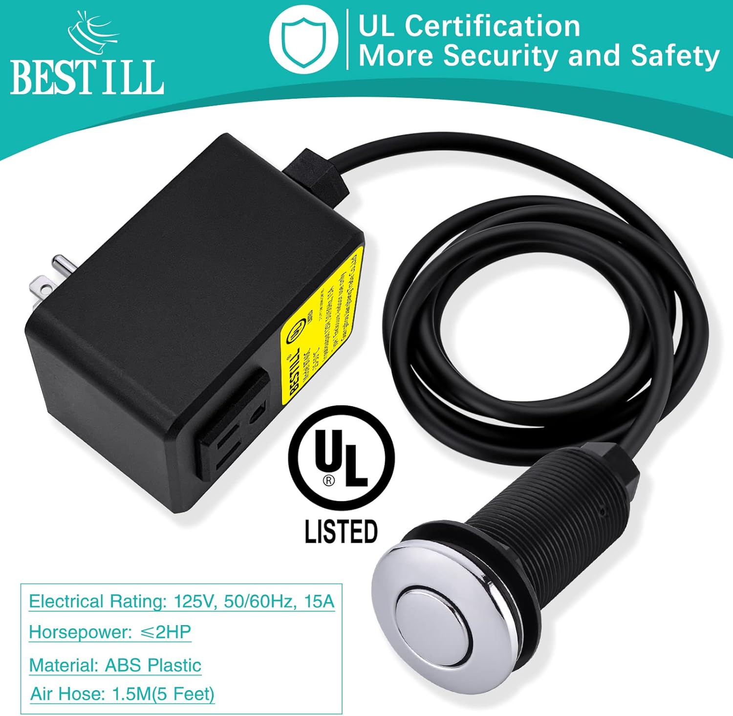 BESTILL Garbage Disposal Air Switch Kit, UL Listed, Sink Top Long Push Button, Polished Chrome(2 Pcs)