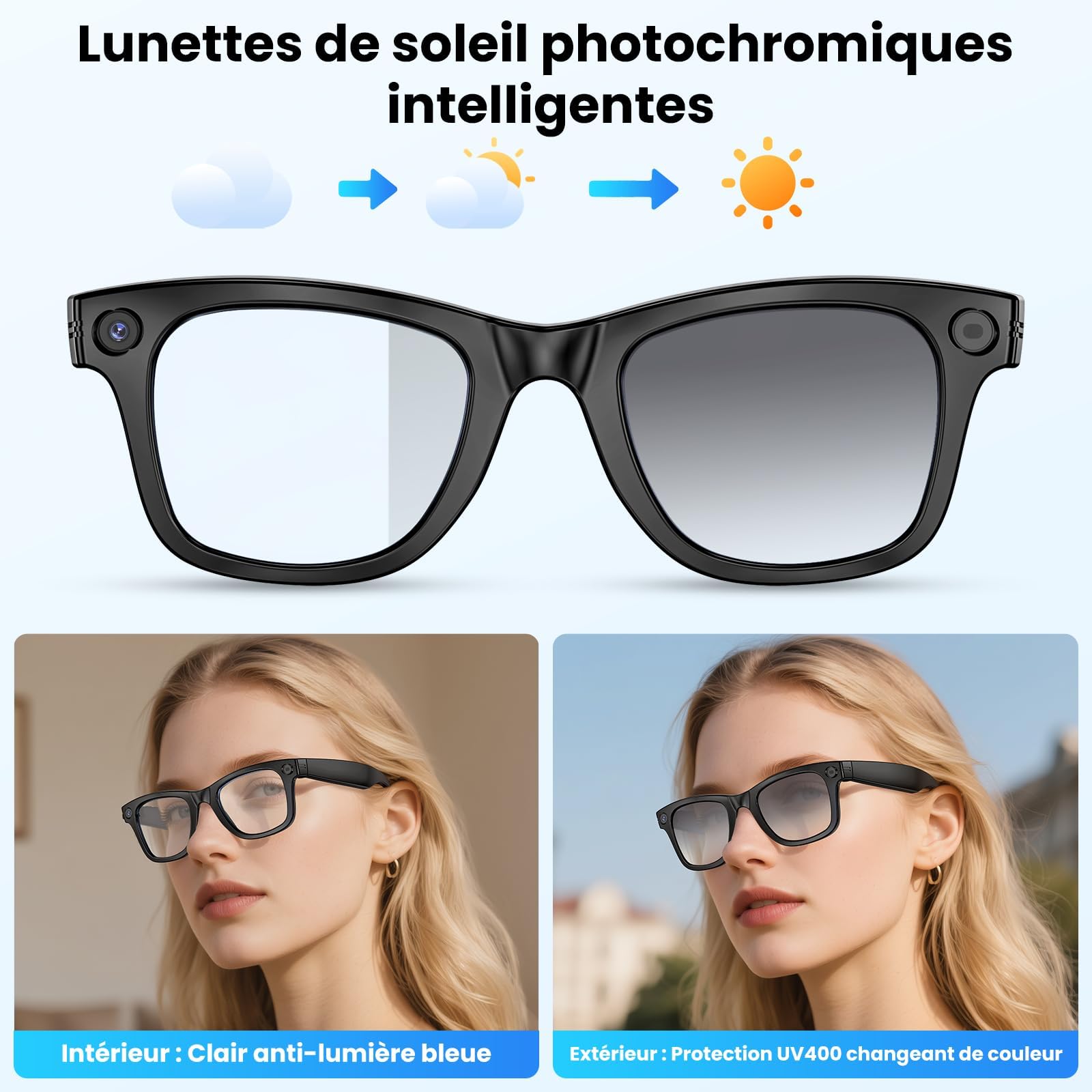 Occhiali intelligenti IA con fotocamera 4K HD, 270 mAh, fotocamera anti-agitazione 800 W, registrazione video con doppio microfono, interpretazione simultanea/GPT(nero)
