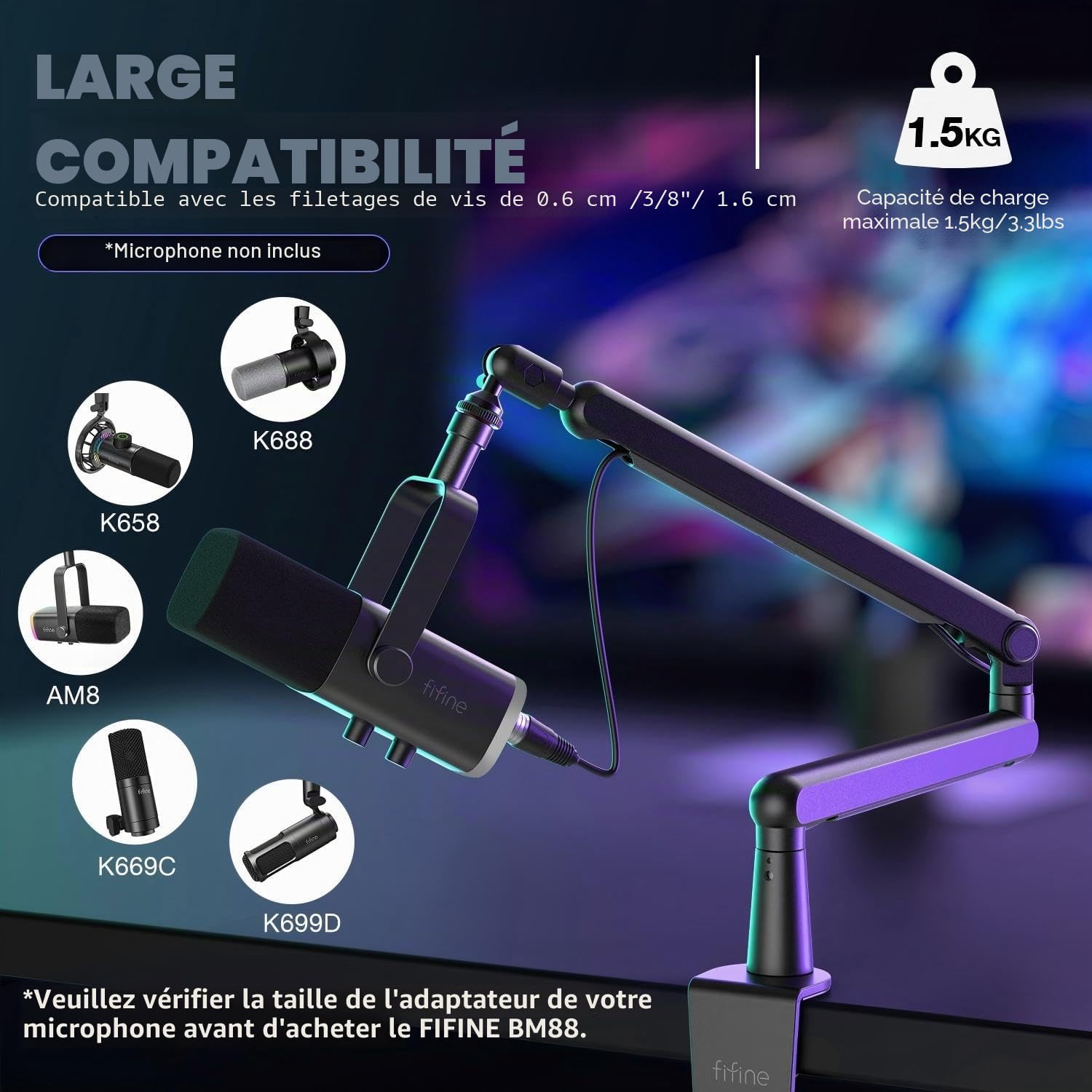 FIFINE BM88 Bras de microphone avec pince de fixation de bureau, adaptateur à vis, gestion des câbles, support de microphone à suspension pour microphone perche, pour podcast, streaming, studio de jeu