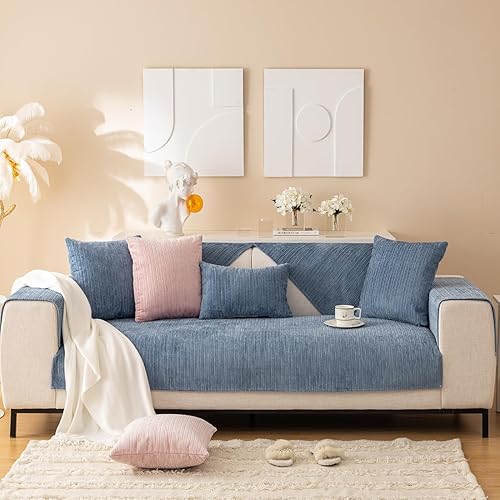 Miniatura 3 de vctops Funda de felpilla suave para sofá, color liso, tejido a rayas texturizadas, lavable, antideslizante, para perros y mascotas, 1 piezano todo