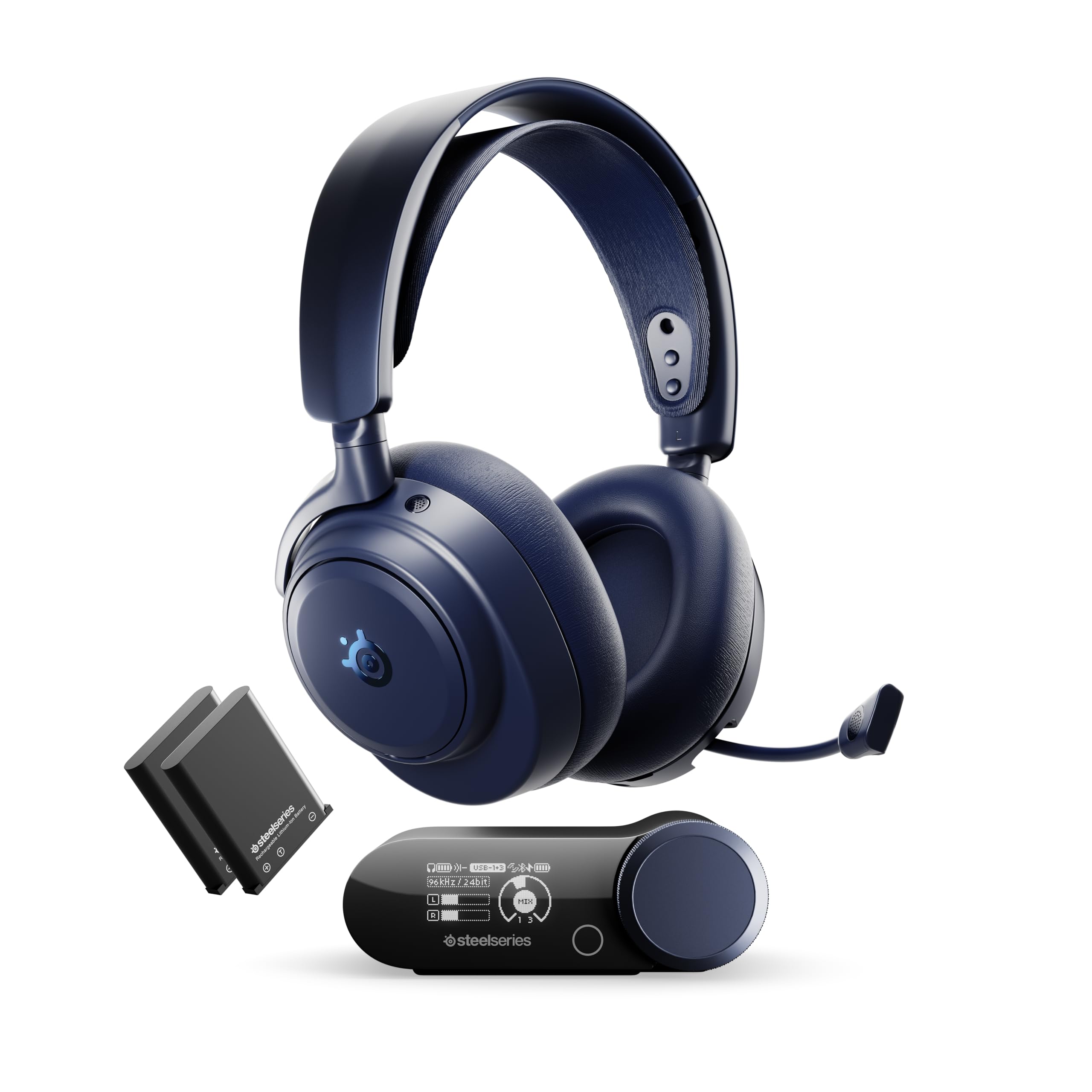 SteelSeries Arctis Nova Pro Omni – Bezprzewodowy dźwięk Hi‑Res, 96kHz/24bit, ANC, mikrofon ClearCast Pro, redukcja szumów AI, aplikacja mobilna, Mix 2,4GHz + BT, OmniPlay PC+PS5+Xbox – Midnight Blue