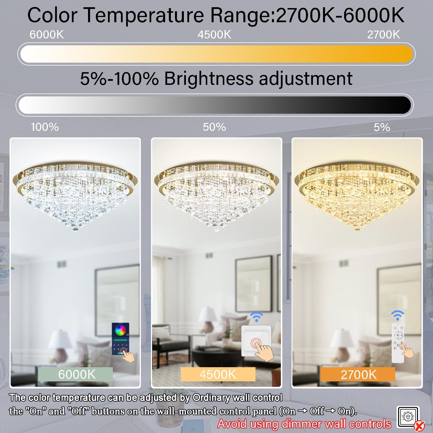 Dia 40" Modern Crystal Chandeliers for Living Room,Gold Large Chandelier Flush Mount Chandeliers for Bedrooms Dining Room Dimmable 2700k 4500k 6000k