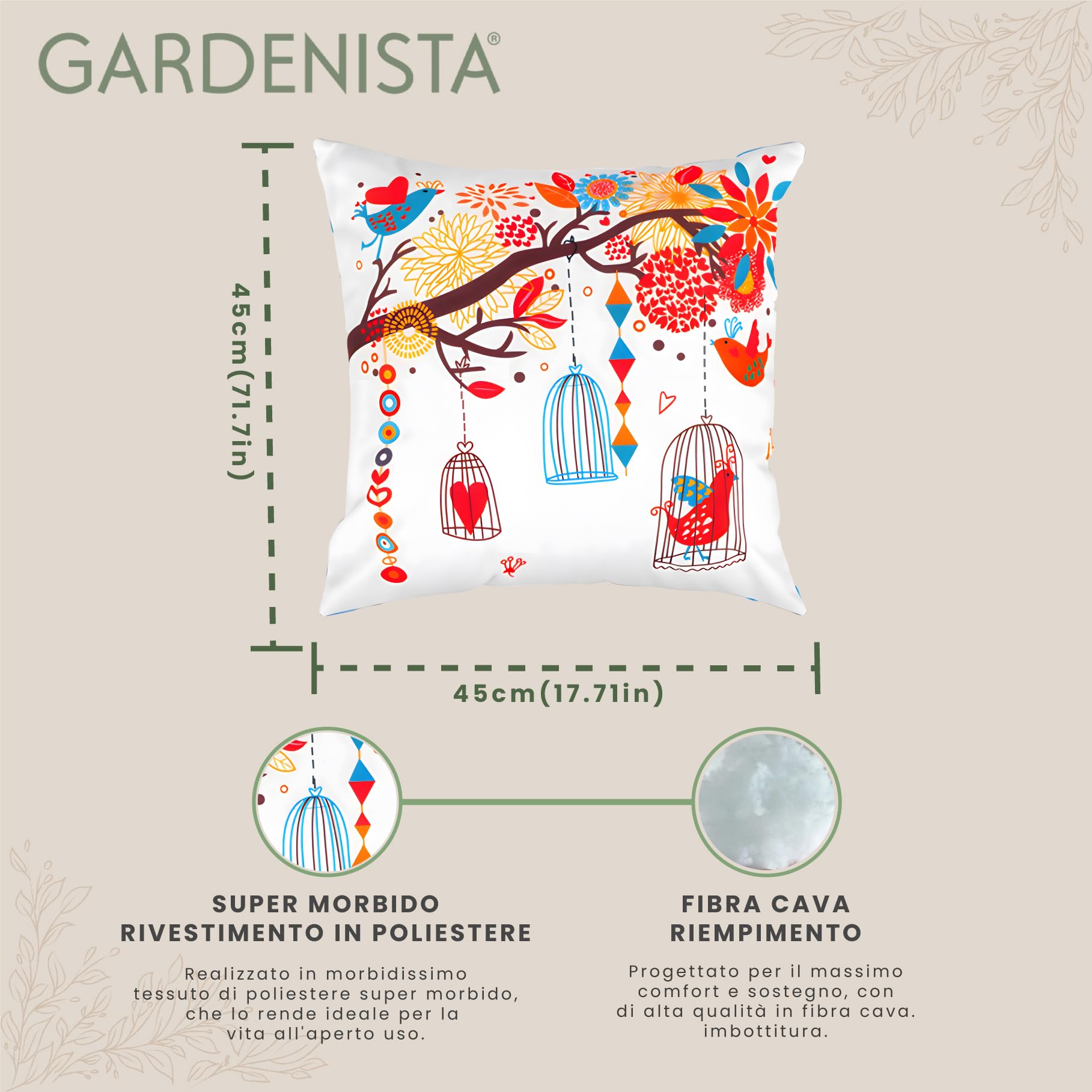 Gardenista Cuscini Decorativo per Esterni/Interni | Resistente all'acqua Stampato Federe Cuscini Divano con Riempimento | Leggeri Cuscino Scatter per Divano Giardino Sedia 45X45cm(Canto degli uccelli)