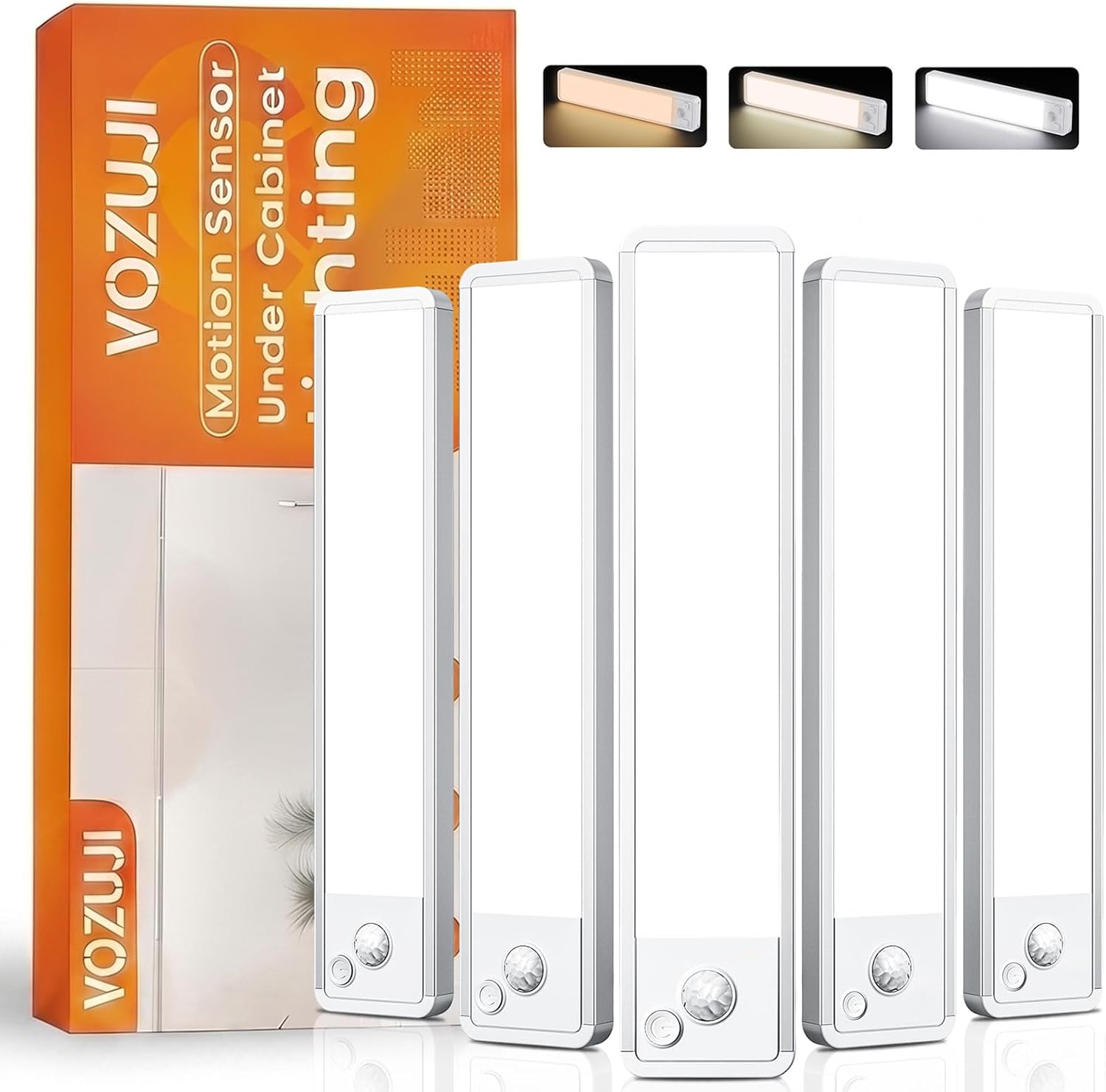 Under Cabinet Lighting: 8 Inch 3-Color Dimmable Rechargeable Motion Sensor Lights Indoor - Battery Operated Lights - Closet Light Magnetic Led Light for Kitchen Home Bathroom Counter 5 Pack