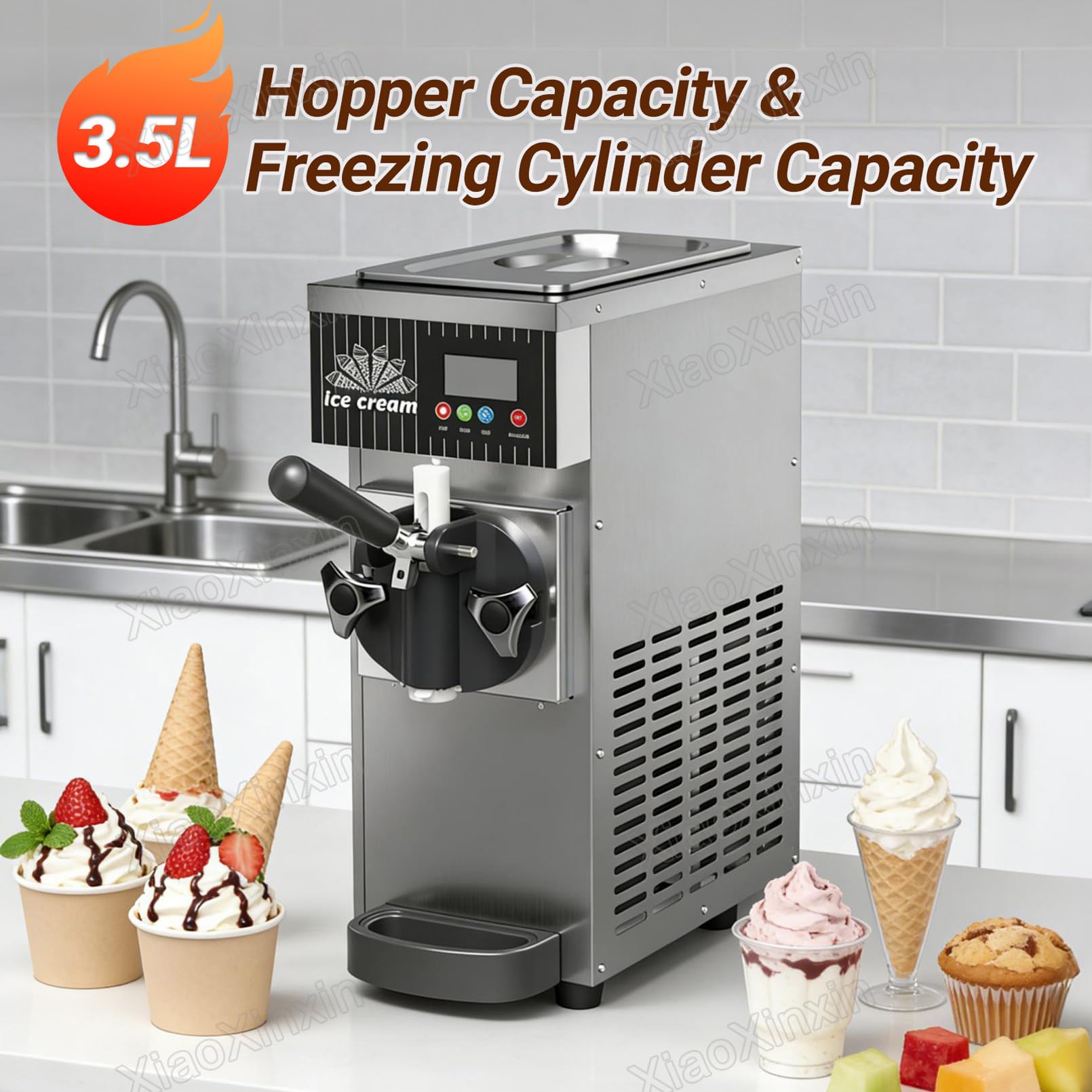Macchina Professionale per Gelato, Macchina per Gelato Soft a Gusto Singolo da 450 W, Produzione 4–5 L/h, tramoggia da 2,5 L, Touchscreen, Pulizia Automatica e Pre-Raffreddamento White