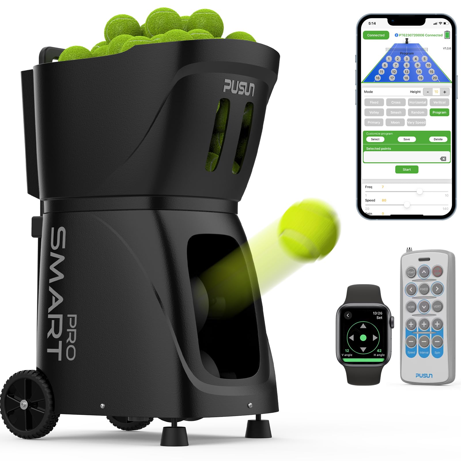 PUSUN PT-Smart Pro Máquina Lanzapelotas de Tenis Profesional Control App Remoto 12 Modos Entrenamiento 4-6 Horas Batería