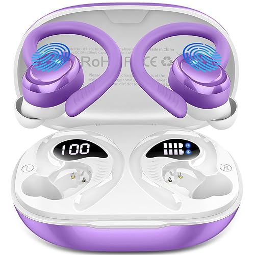 Hupoaf Wireless Earbuds Sport, New Bluetooth 5.4 Headphones with Earhooks, 50H Stereo Deep Bass Over Ear Buds with 4 ENC Noise Canceling Mics, IP7 Waterproof Earphones for Running Workout Gym -Purple