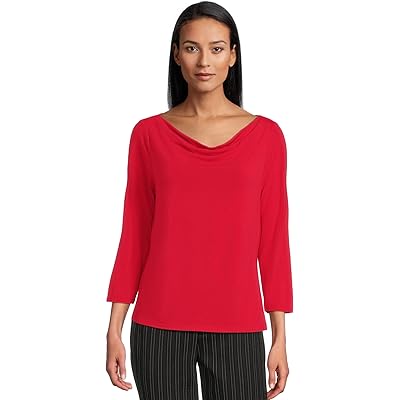 Liverpool Los Angeles 3/4 Sleeve Draped Neck Knit Top tango red