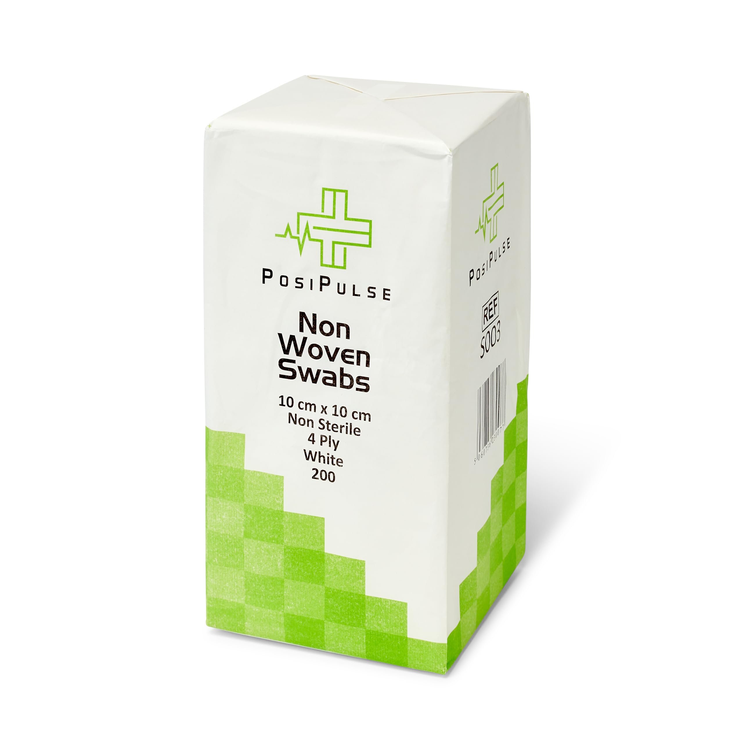 Posi Pulse 10cm x 10cm, 200ct Non-Sterile Gauze Swabs - 4 Ply Non-Woven Blend of Soft Strong Smooth Viscose/Polyester, 30g, Latex Free, CE Certified, White for Wound Dressing, Cleaning, Absorption