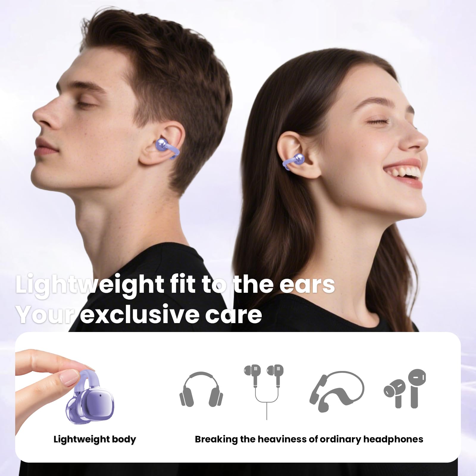 PTHTECHUS Cuffie Auricolari Aperte, Touchscreen Intelligente Auricolare Con Clip, Cuffia Traduzione, 3.7g Ultraleggero Comfort, 65 ore di Riproduzione, Auricolari Open Ear Bluetooth 5.4 (VIOLA)