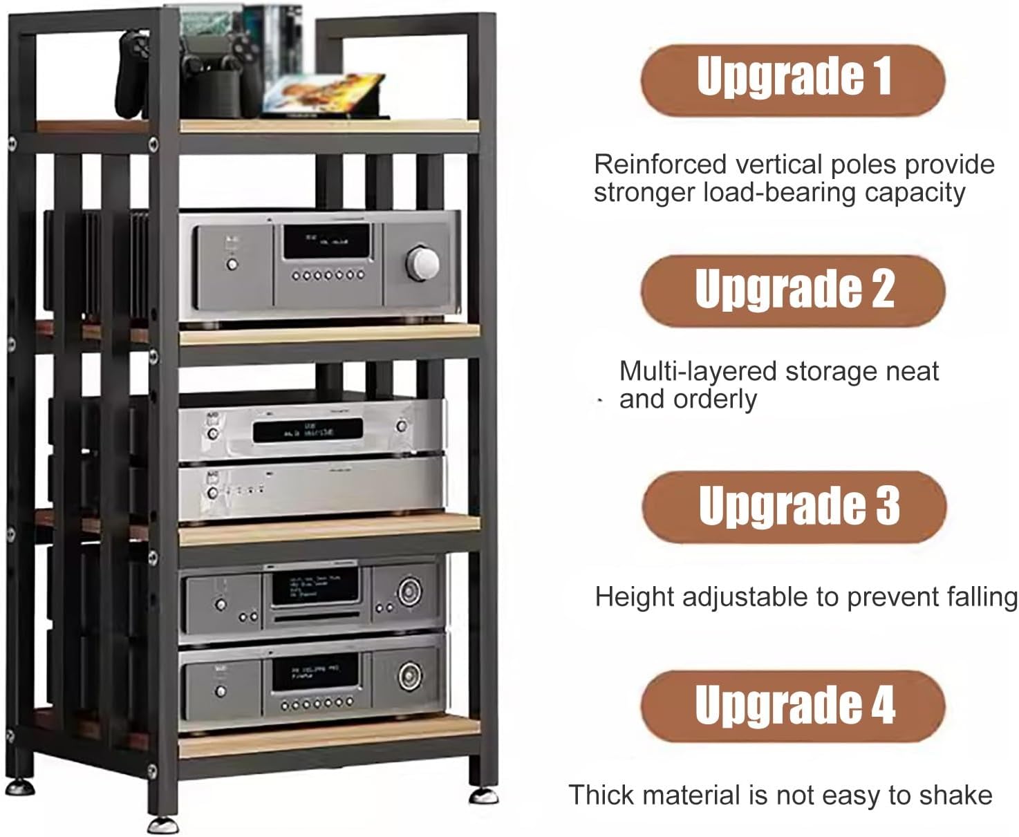 Heavy Duty 4 Tier Audio-Video Media Stand with Height-Adjustable Shelf, Floor-Standing Modern Stereo Racks and Stands Entertainment Stereo Components Organizer (Color : Bla