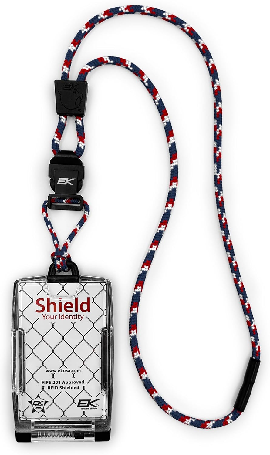 EK World Wide FIPS‑201 One Hander ID Card Holder with Detachable Breakaway Lanyard – Secure Flip‑Open Badge Holder for CAC/TWIC Smart Cards, Holds Two Cards (C88 Red White Blue)