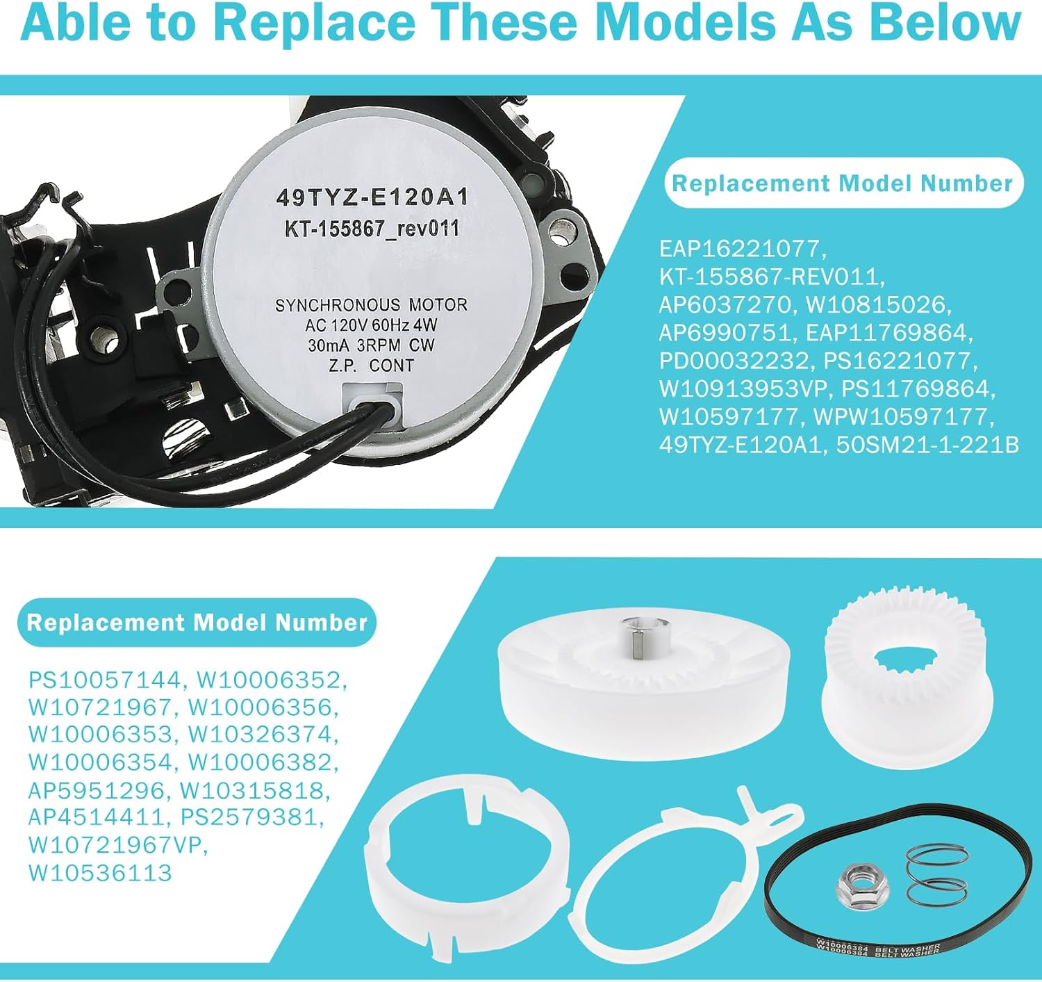 W10913953 49TYZ-E120A1 Washer Shift Actuator & W10721967 Pulley Clutch Kit & W10006384 Drive Belt, Replacement Parts Kit Fit for Whirl-Pool Ken-More May-tag Washing Machine (1 Set)