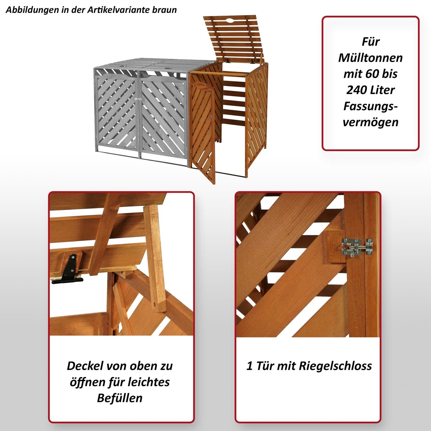 Mendler XL 1er-/2er-Mülltonnenverkleidung Erweiterung HWC-J44 - braun | Mülltonnenbox, Holz, MVG-Zertifiziert, 120x68x98cm