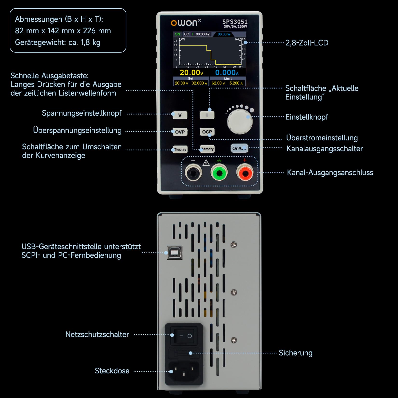 OWON SPS3051 DC-Netzteil Einkanaliges Programmierbares, Labornetzteil mit Ausgangsgenauigkeit bis zu 10mV/1mA, Ausgangsbereich 0-30V/0-5A, Ausgangsleistung 150W, 2,8-Zoll-TFT-LCD-Bildschirm