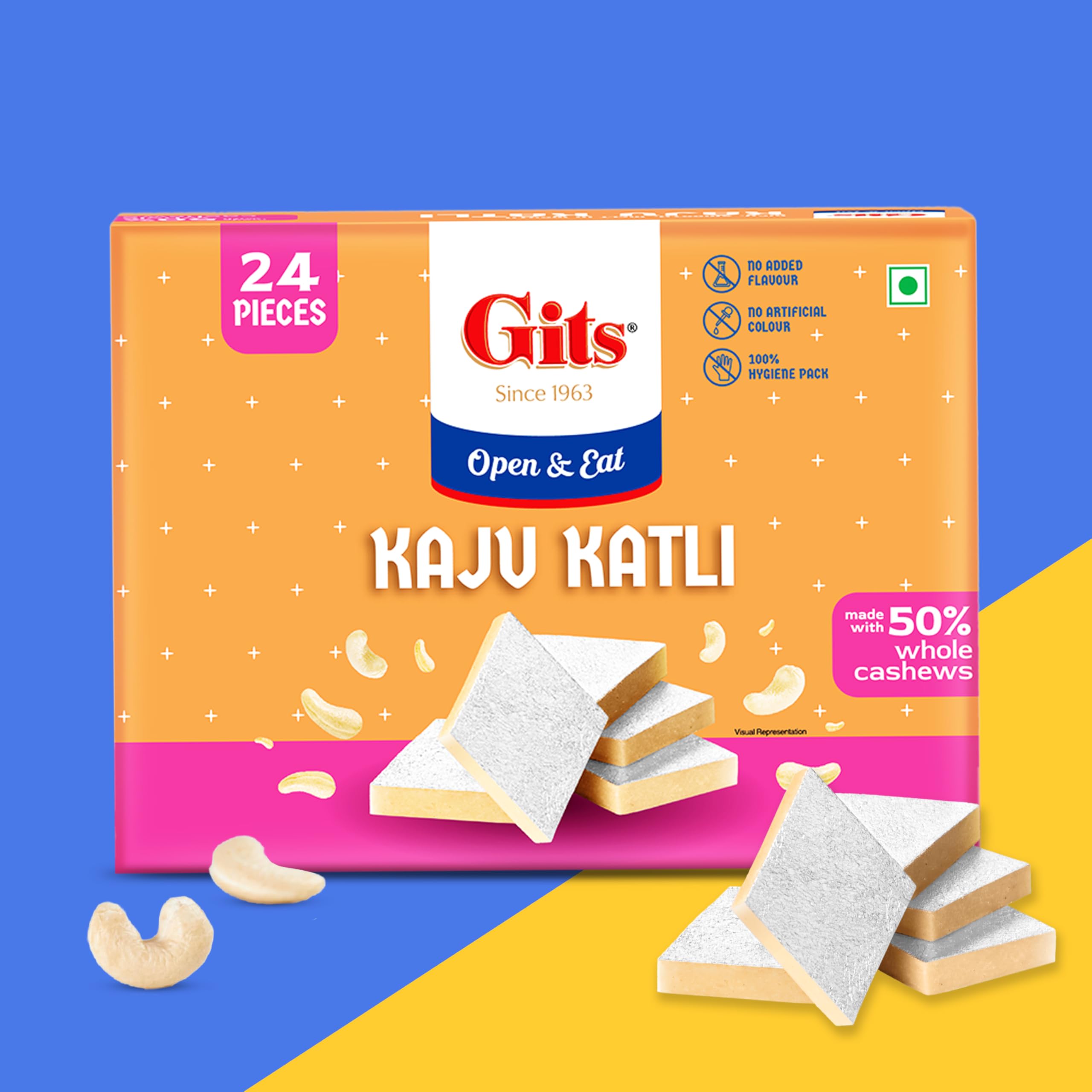 Gits Kaju Katli 250 Gm X 1 Box (24 Pieces) | Kaju Katli Made with Finest Cashews | Kaju Barfi | Indian Mithai | No Added Colours |Traditional Sweets | Gift Pack