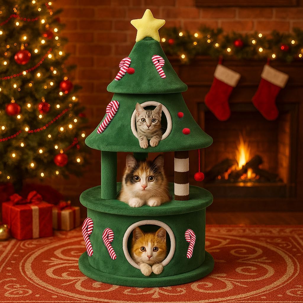 LUCKLIFE 55″ Christmas Cat Tree with 3 Cozy Houses Indoor Holiday Pet Tower with Anti-Tip Kit and Toy Balls,Decoration Climbing Furniture for Cats to Play and Sleep