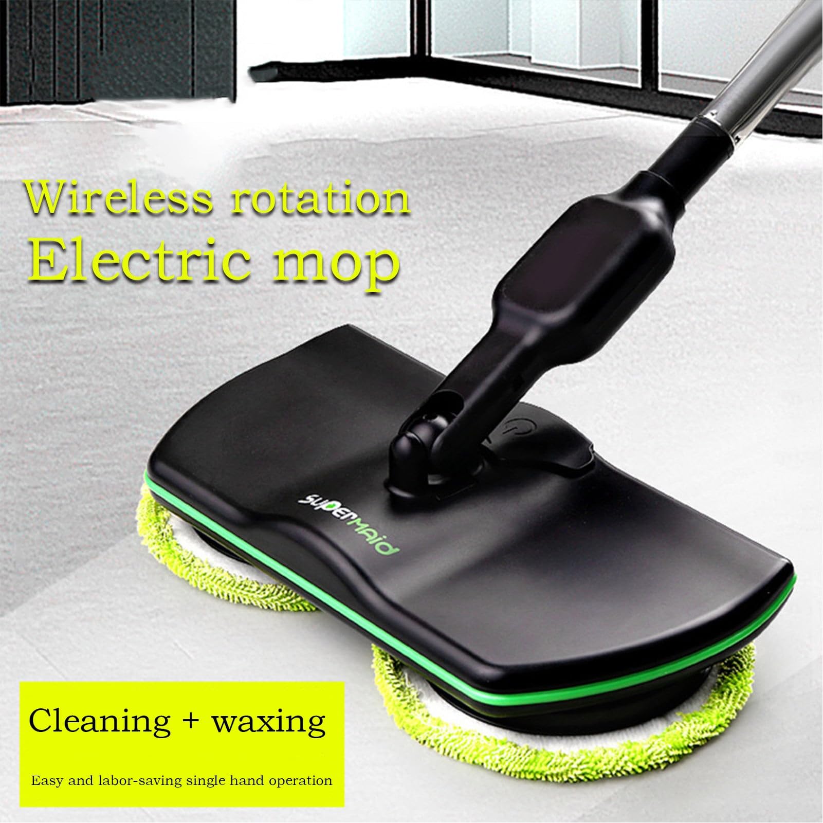 Fregona Electrica Sin Cable, Piso Portátil Mopa Giratoria, Recargables Trapeador de La Limpieza del Piso del Hogar con 2 Almohadillas de Microfibra y 2 Almohadillas para Pulir