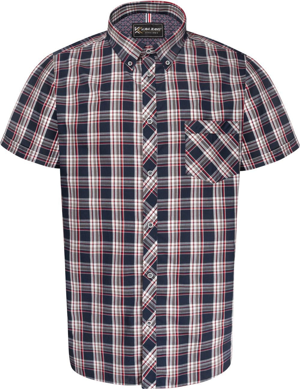 Kam Men's Blue Check Shirt Short Sleeve Casual Cotton Button Down Plus Size 2-8Xl 6337 (Uk, Alpha, 7XL, Plus, Regular, Navy)