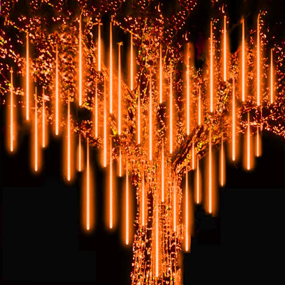 Orange Christmas Meteor Shower Rain Lights, 10 Tube 360 LED 12 Inch Outdoor String Lights, Falling Rain Raindrop Light for Halloween Tree Patio Garden Roof Eaves Decor Waterproof Plug