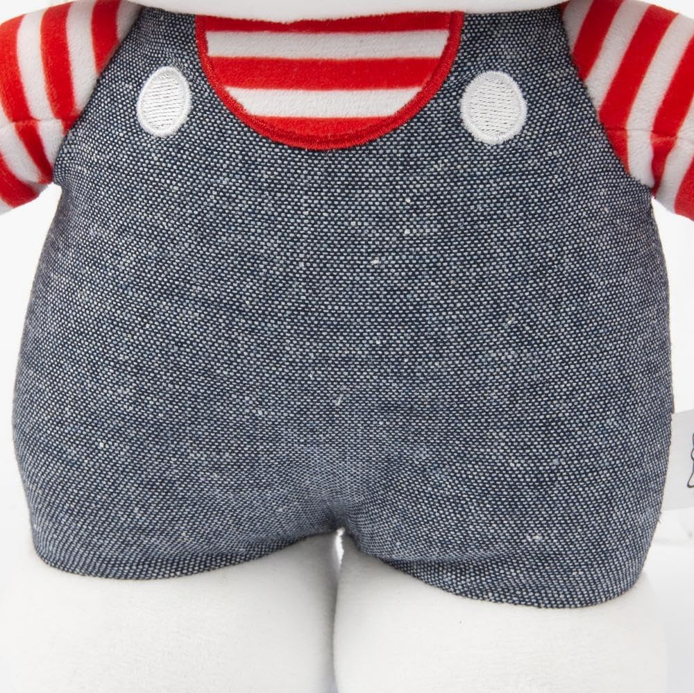 Hello Kitty Peluche 30 cm con Outfit Moda, Tutina Jeans, Fiocco Rosso, Maglia A Righe, per Bambini dai 3 Anni - Giochi Preziosi