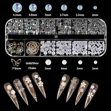 2Boxes Nail Art Rhinestones Bedazzling Kit with Pick Up Tweezer, 24Sizes Pearl Gems Bedazzle Kit - Bowknot, Flower, Aurora Bear 3D Decorations, Gems for Crafting, DIY Nail Design, Party, Wedding