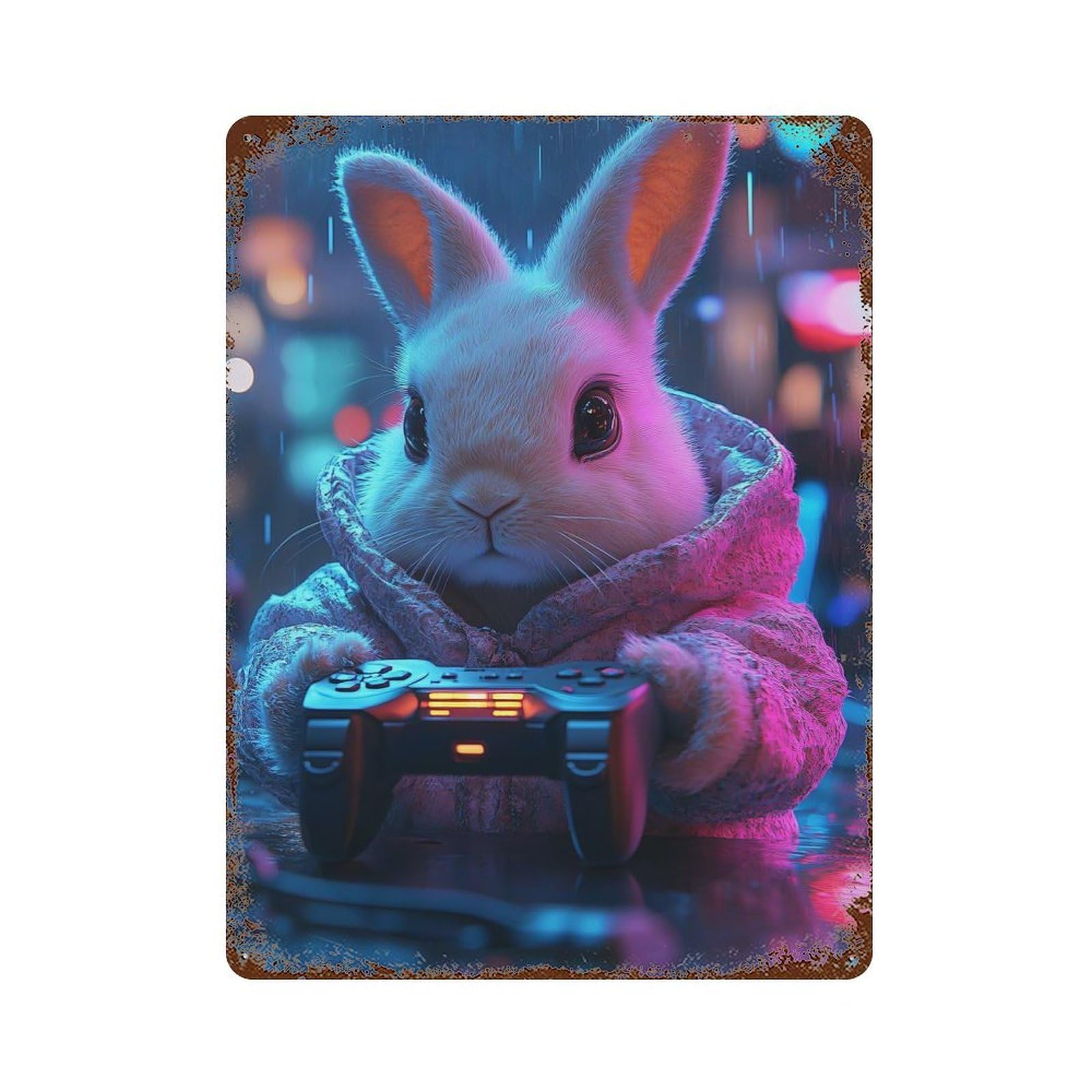 Gaming Bunny in Cityscape 15.7"x11.8" Rustic Tin Plaque, Retro Wall Decor for Garage, Bar And Workshop Decor