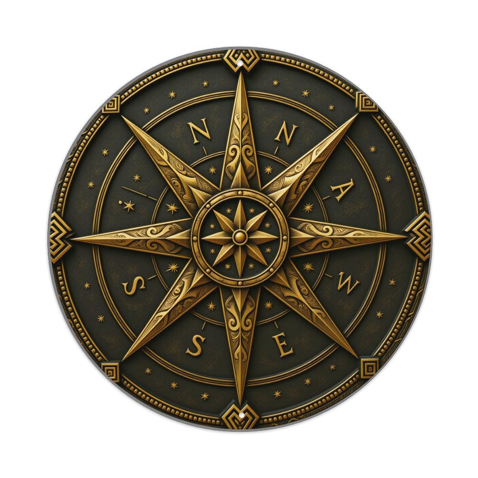 Golden Compass Rose Design Pattern Round Tin Sign Vintage Metal Poster, Home Bar Garage Man Cave Cafe Indoor & Outdoor Wall Decoration 8x8Inches