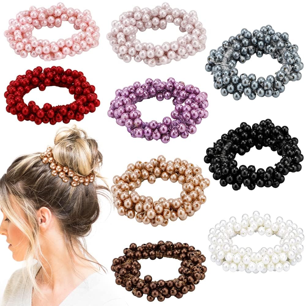 9 Stück Elastische Haargummis Perlen, Haargummi mit Perlen, Haarschmuck Perlen, Scrunchies Haargummis, Haarband Perlen Elastisch für Mädchen, Damen