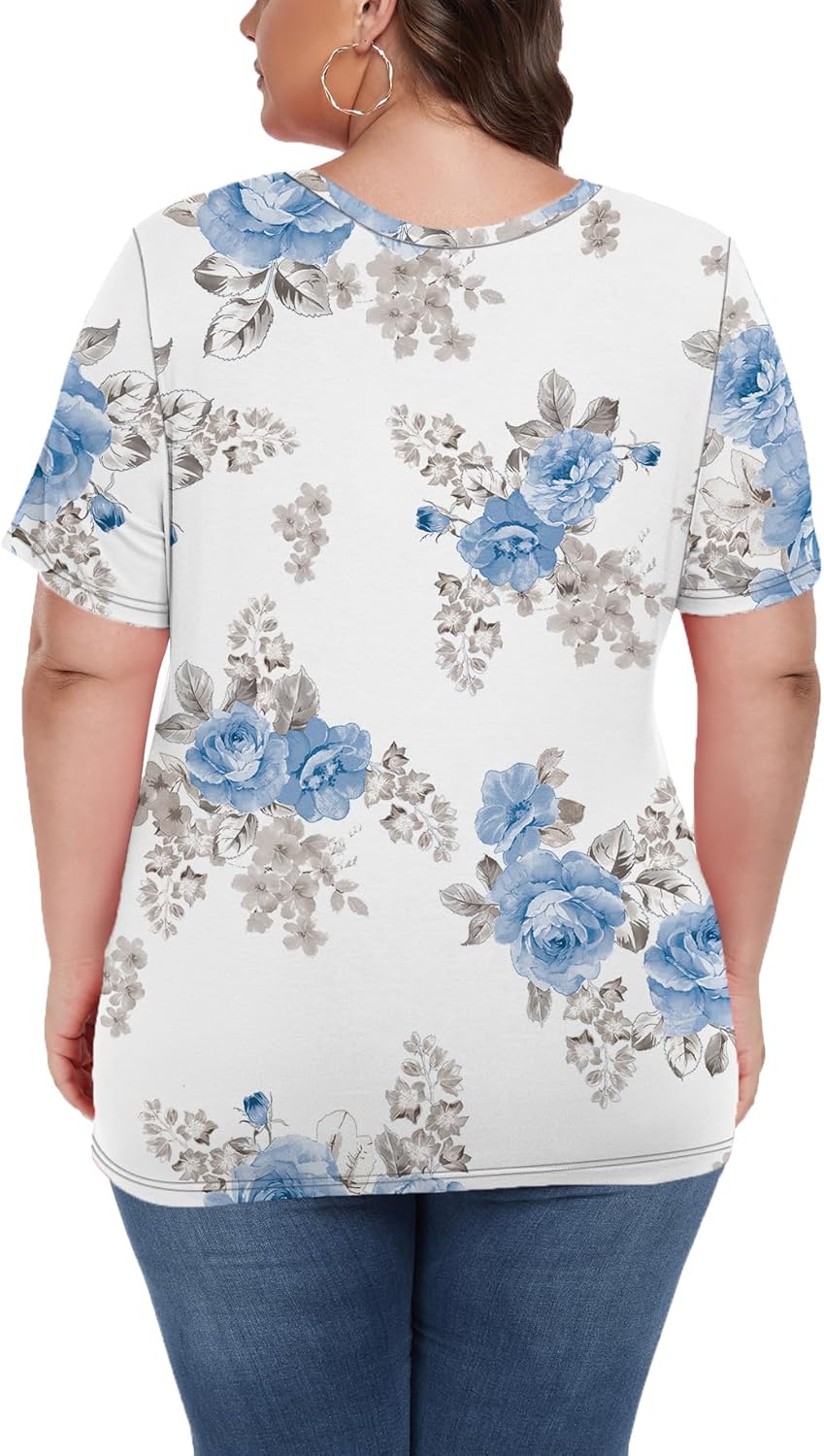 Plus Size Tops for Women Tunic Tops Plus Size Clothes Summer Short Sleeve V Neck T Shirts Floral Print Blue White XX-Large - Image 3
