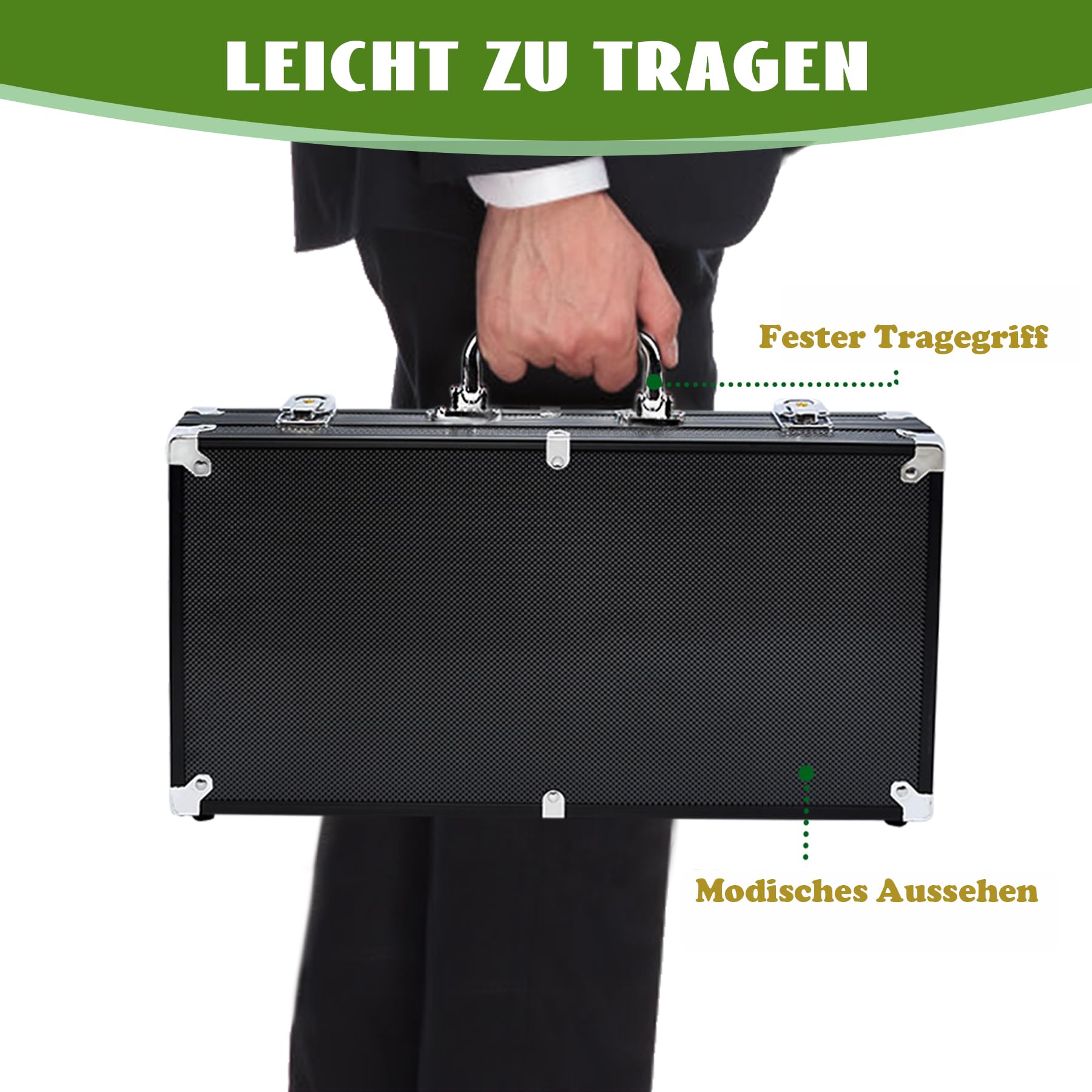 SUBTLETY Pokerkoffer Pokerset mit Aluminium Gehäuse 500 Laser Pokerchips Professionelle Poker Set inkl. 2X Pokerdecks, 3X Dealer Button, 5X Würfeln, 2X Schlüssel (Schwarz)