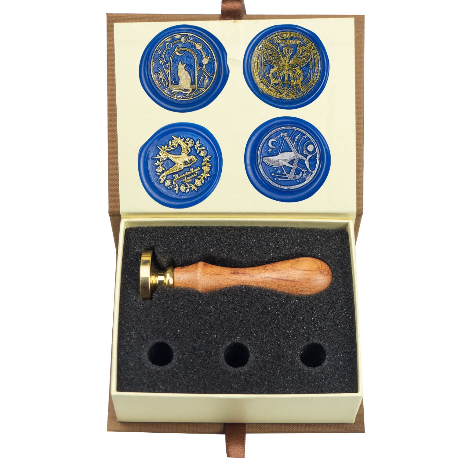 ANBOSE Wax Seal Stamp kit, Animal Wax Seal Stamp Set with 4 PCS Removable Brass Heads and 1 Wooden Handle, Moon Star Cat Whale Butterfly Swallow Sealing Wax Stamp for Cards Invitations — image 1