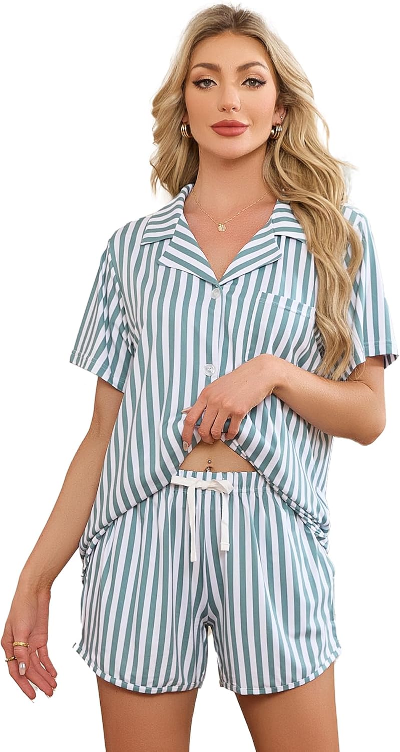 LYCY Women's Striped Pajamas Set, Cute Button Down Short Sleeve Pjs 2 Piece Notch Collar Sleepwear Summer