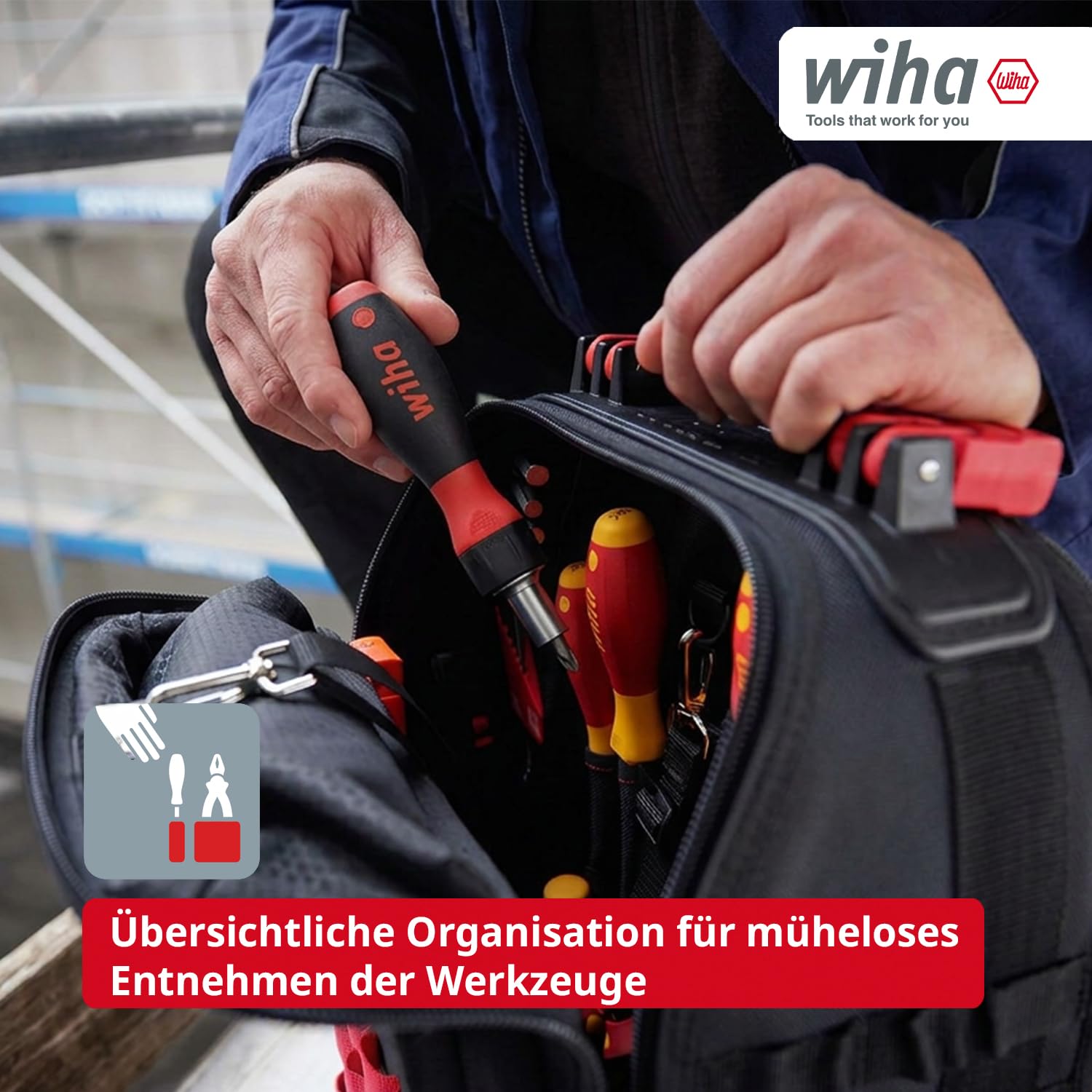 Wiha 27-tlg. - Mochila de herramientas para electricistas I con equipamiento básico para electricistas I base estable I con compartimento para portátil I bolsillos para accesorios (45528) (estándar