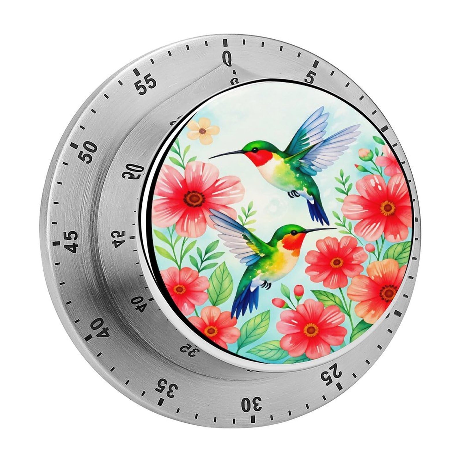 Hummingbird Flowers 60 Minute Wind Up Timer,Visual Mechanical Magnetic Timer with Loud Alarm for Kitchen