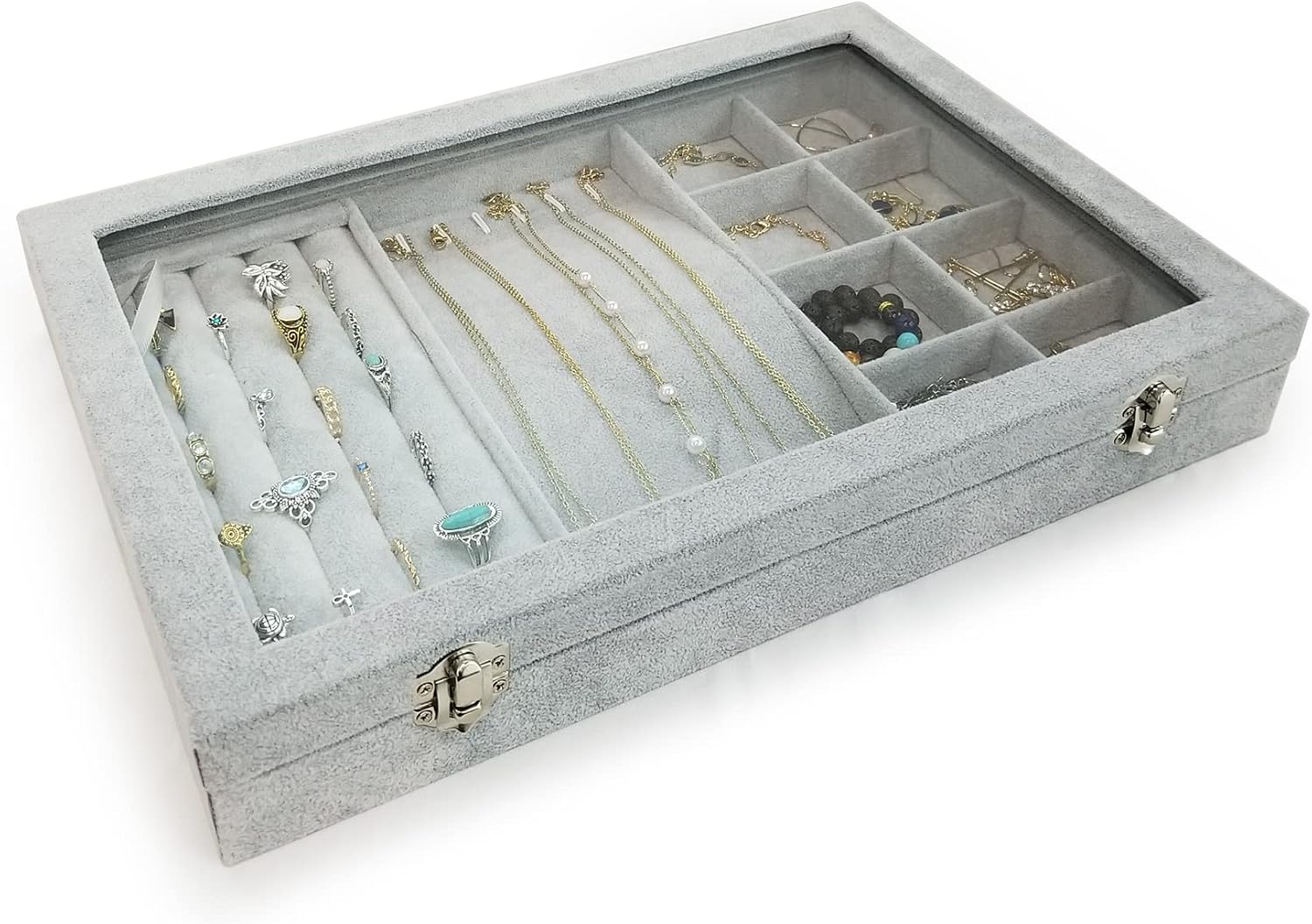 Ice Velvet Jewelry Organizer Box for Women Girlfriend Wife,Clear Lid Earrings Rings Necklace Bracelets Jewelry Tray Storage Case Grey