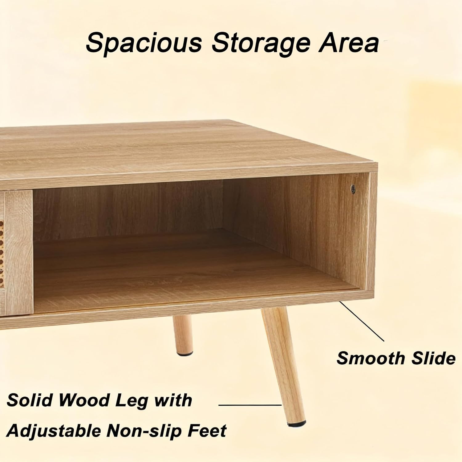 41.34‘’ Rattan Coffee Table with Storage, Boho Coffee Table with Sliding Rattan Door Panel and Solid Wood Legs, Oak Small Coffee Tables, Space Saving Design for Living Room, Apartment