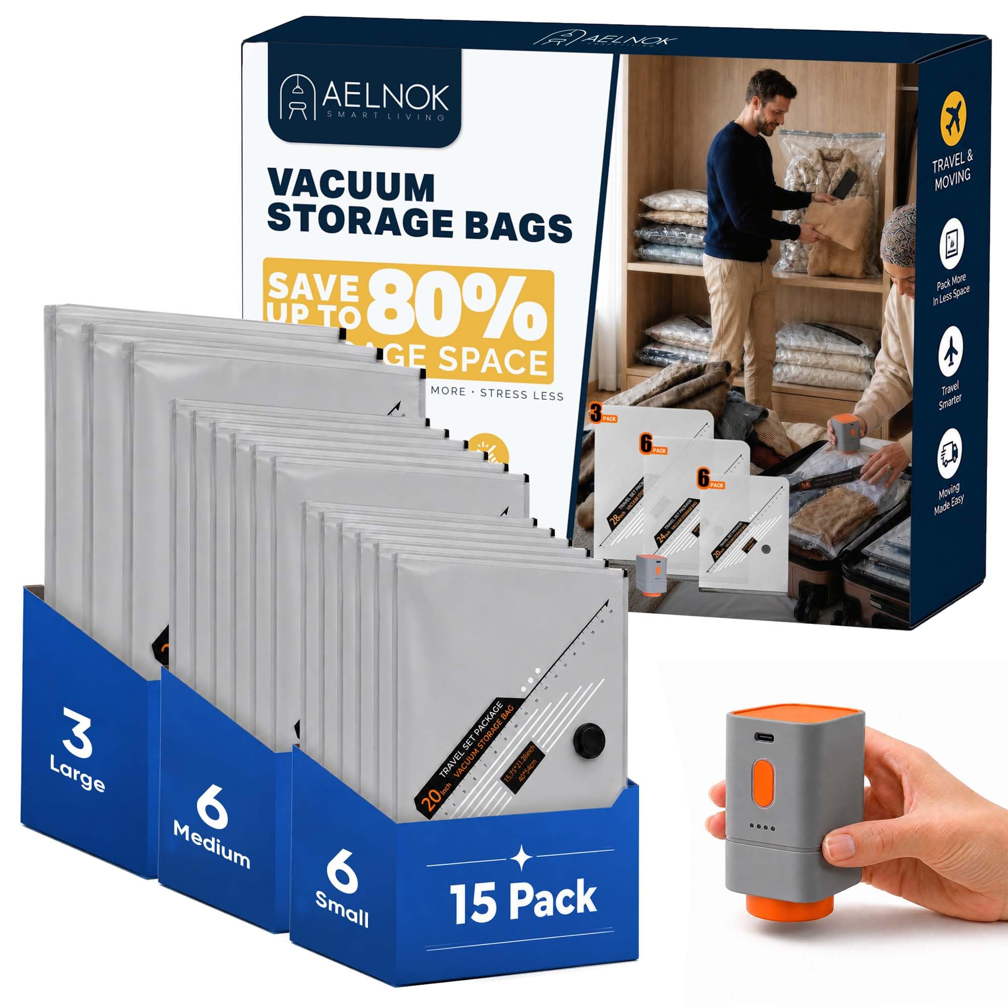 Vakuum-Aufbewahrungsbeutel mit USB-wiederaufladbarer elektrischer Pumpe, Vakuumbeutel für Kleidung, Kompressions-Verpackungsbeutel für Reisen, 4500Pa schnurlos, 6 klein, 6 mittel, 3 groß, platzsparend