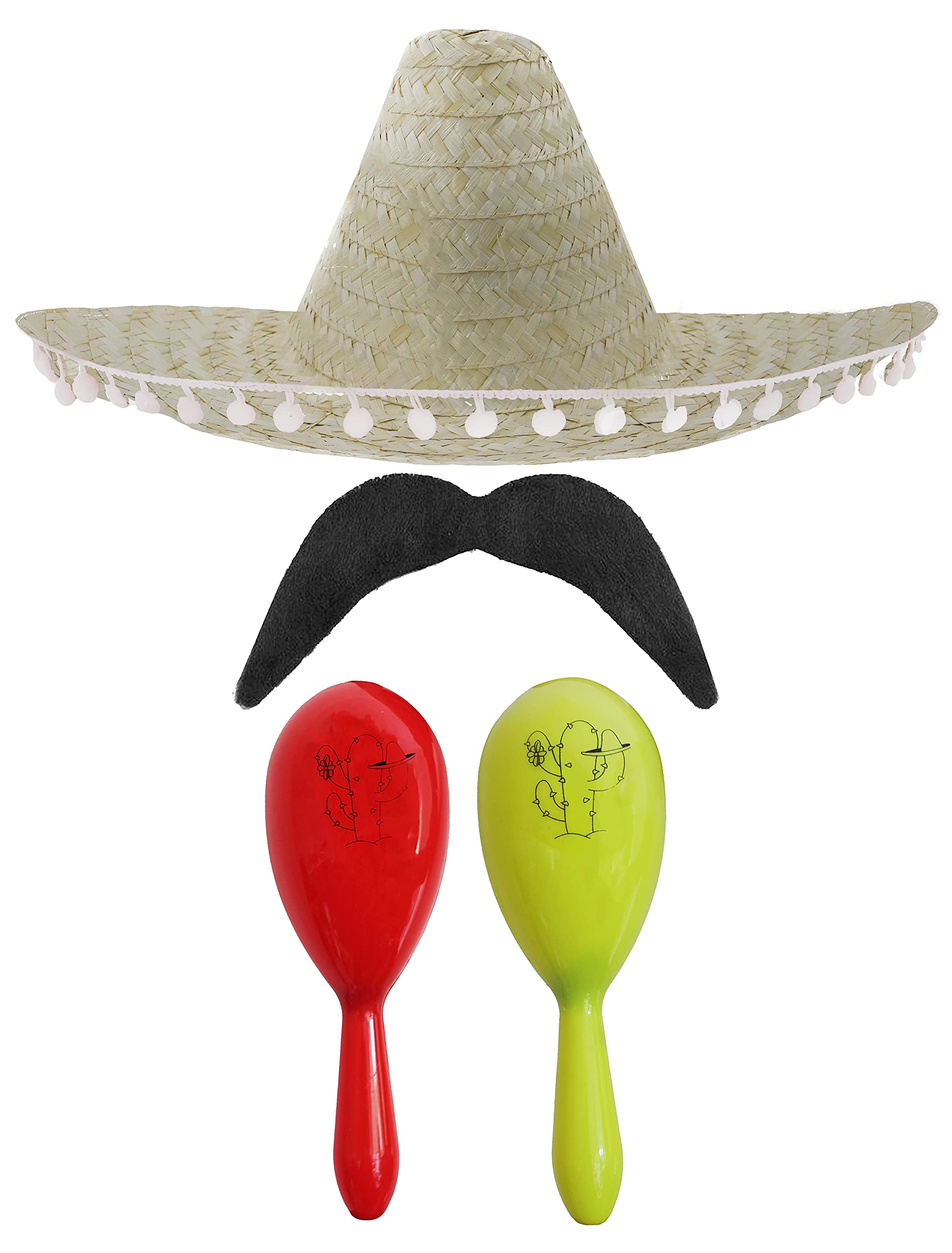 Adults Mexican Accessory Set - Natural Mexican Sombrero, Red & Yellow Maracas, Moustache - Mexican Cinco de Mayo Sensorita Bandit Mariachi Fancy Dress Costume Accessory Set