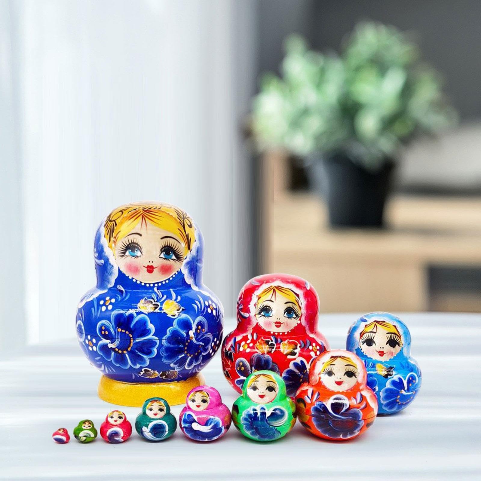10 Piezas Matrioska Juguete de Madera Apilable Hecho a Mano Pintada a Mano Tradicional Regalo Adecuado para Decoración del Hogar, Azul