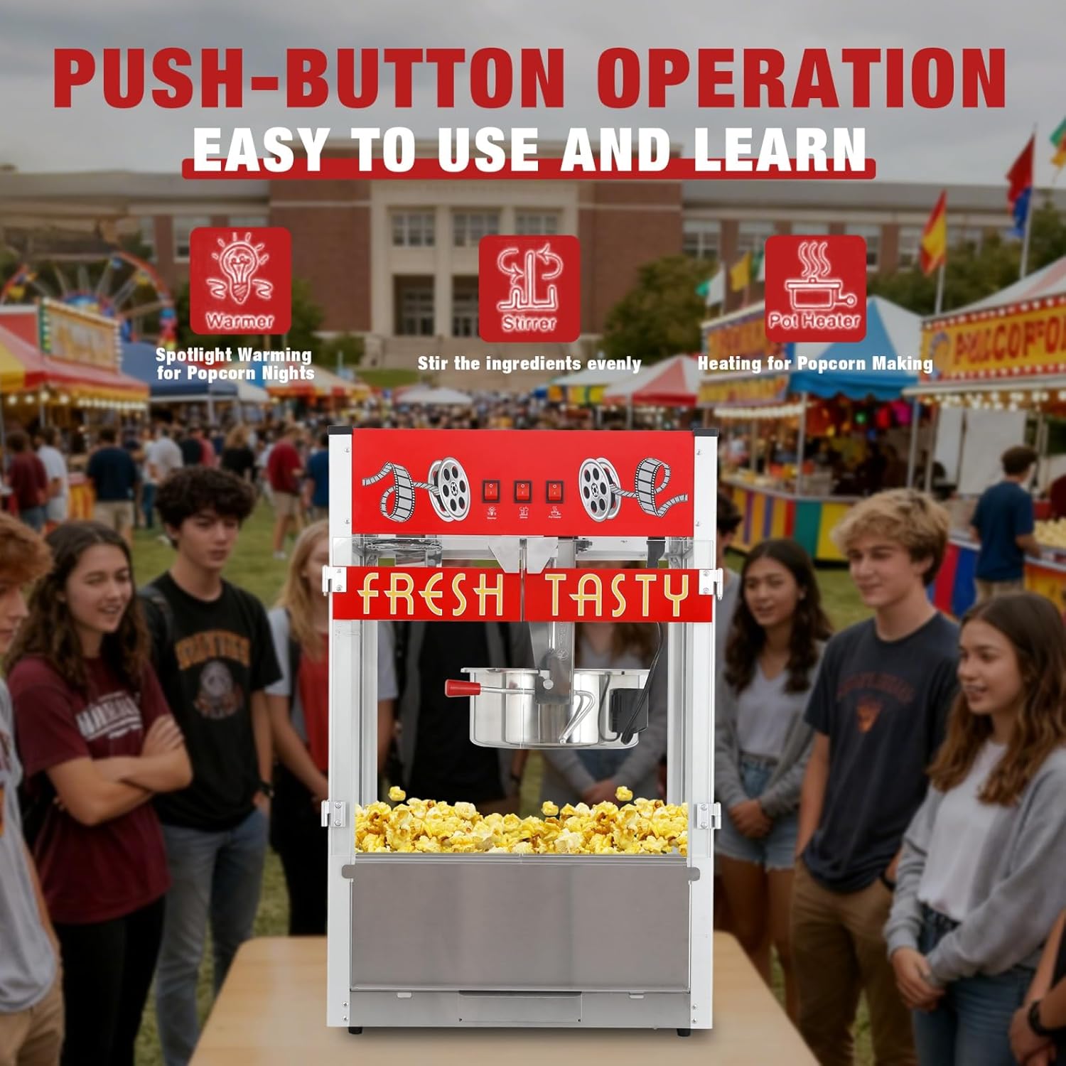 30Oz Commercial Popcorn Machine, Red Popcorn Machine, 21.65"W×14.76"D×34.25"H Tabletop Movie Theater Popper with 1600W Stainless Steel Kettle, 3-Switch Control for Home/Theater/Parties
