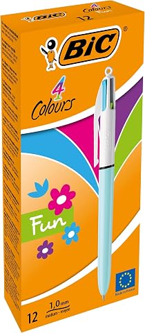 BIC 4 Colours Fun Tükenmez Kalem, 12'li Kutu, 1.0mm Uç, Tek Kalemde Pembe, Mor, Turkuaz ve Açık Yeşil Renkler