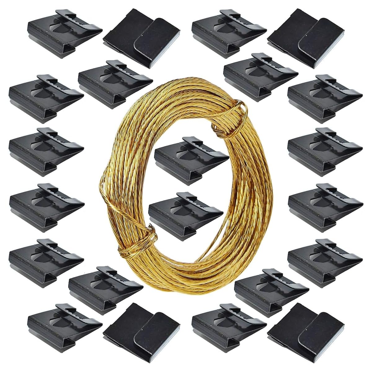 SISI UK® Clip Over Sawtooth Frame Hanger 2-3mm Board (20 Pack) Picture Hanging with 3mtr Brass Wire, Black, 20 Clips with Brass Wire