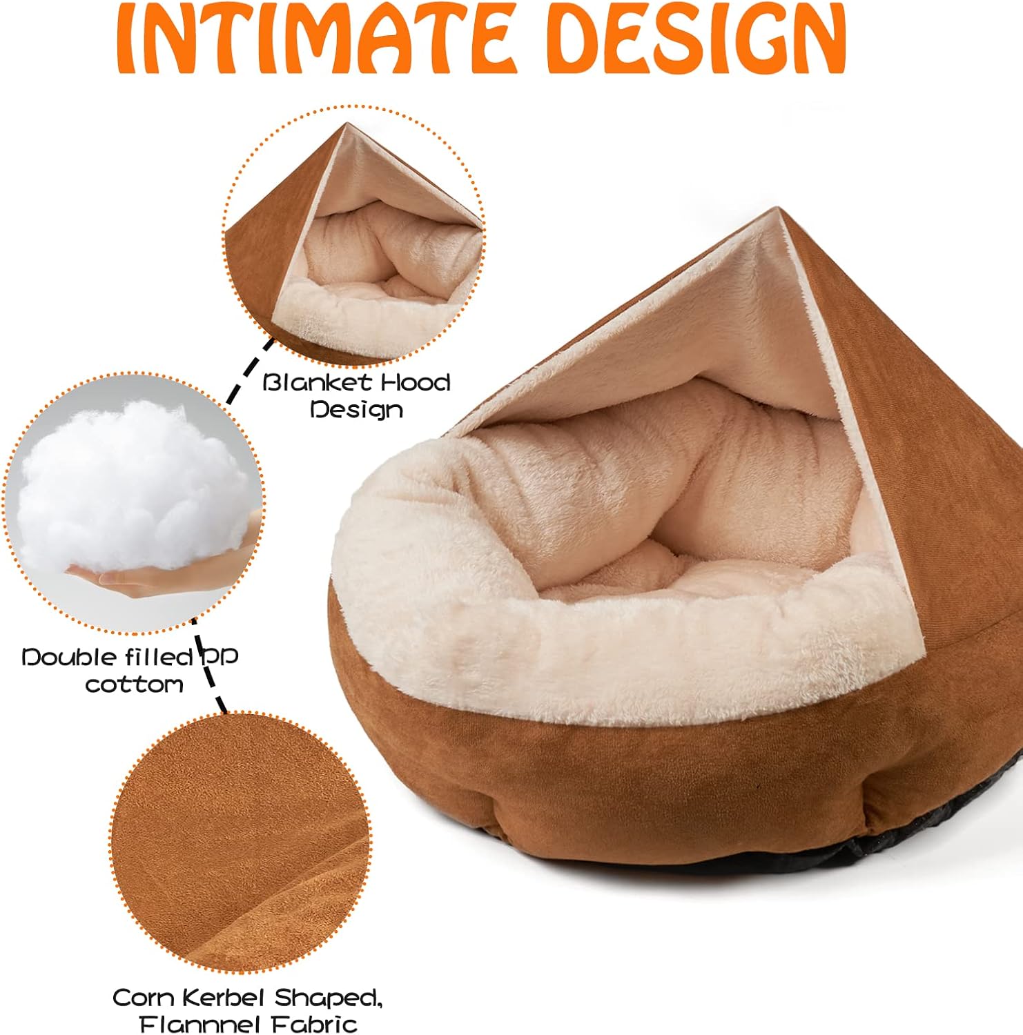 review Small Dog Bed, Round -Cover Dog Cave Bed Squishmallow Anti-Anxiety Burrow Cat Bed with Hooded Blanket,Cozy Puppy Bed Machine Washable (23 * 23 * 6 in, Yellow)