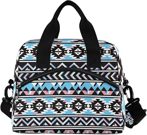 Miniatura 6 de Bolsa de almuerzo aislada con estampado azteca, bolsa de almuerzo reutilizable para mujeres, hombres, adultos, bolsa enfriadora con correa ajustable