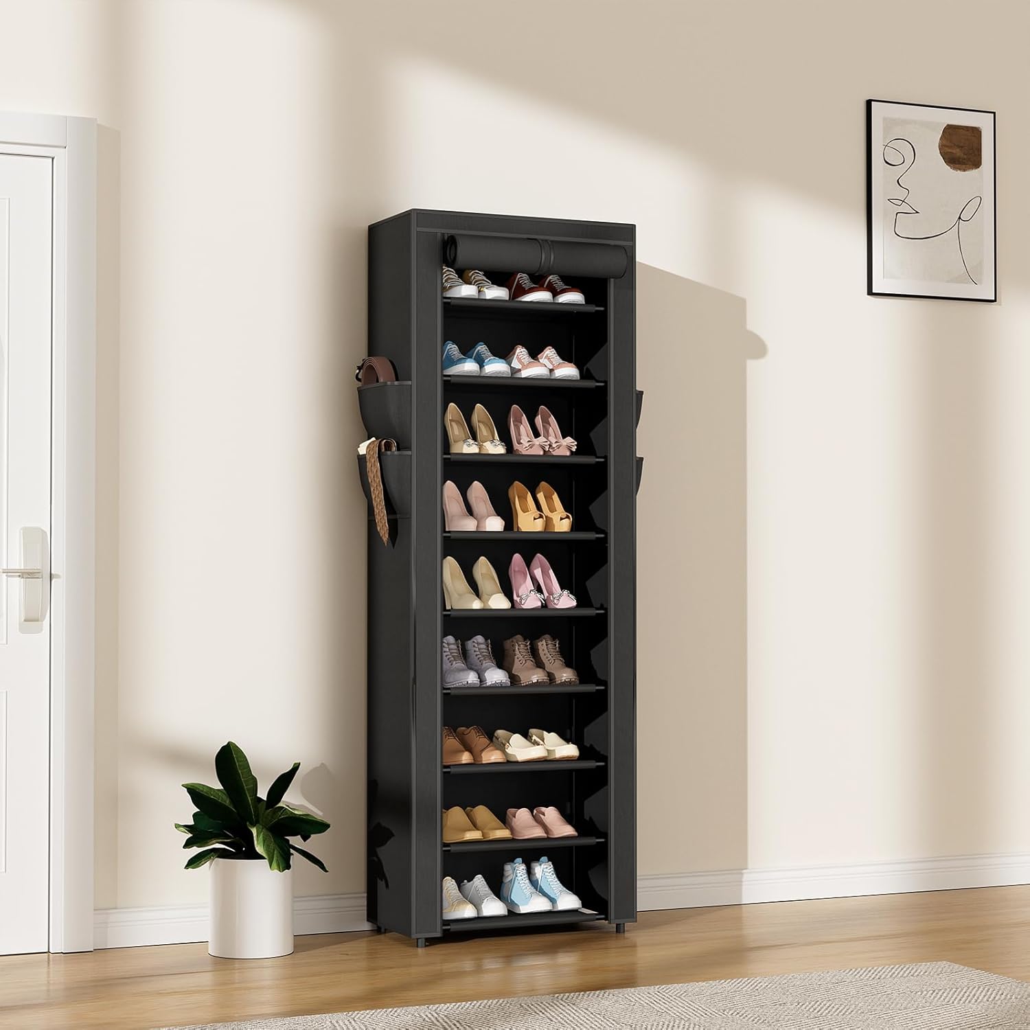 LANTEFUL Narrow Shoe Rack with Cover 10 Tier Tall Shoe Rack Organizer Large Capacity Shoe Shelf Storage 18-22 Pairs Space Saving Free Standing Shoe Storage Organizer for Closet, Entryway, Dorm, Black